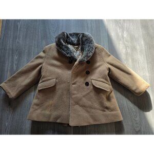 Vintage Kate Kiddie Classic Tan Wool Coat With Faux Fur Collar & Buttons